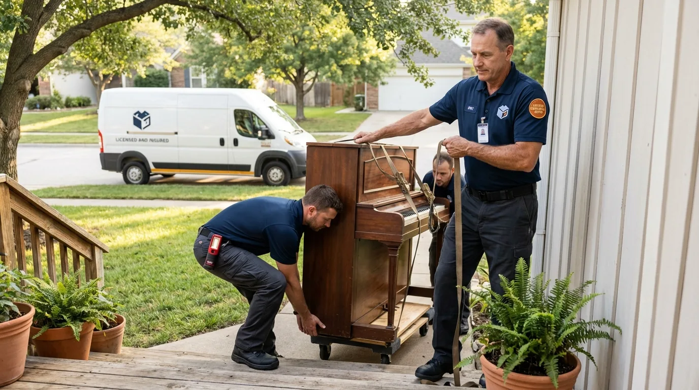 Licensed piano movers securing grand piano in Orangeville, UT