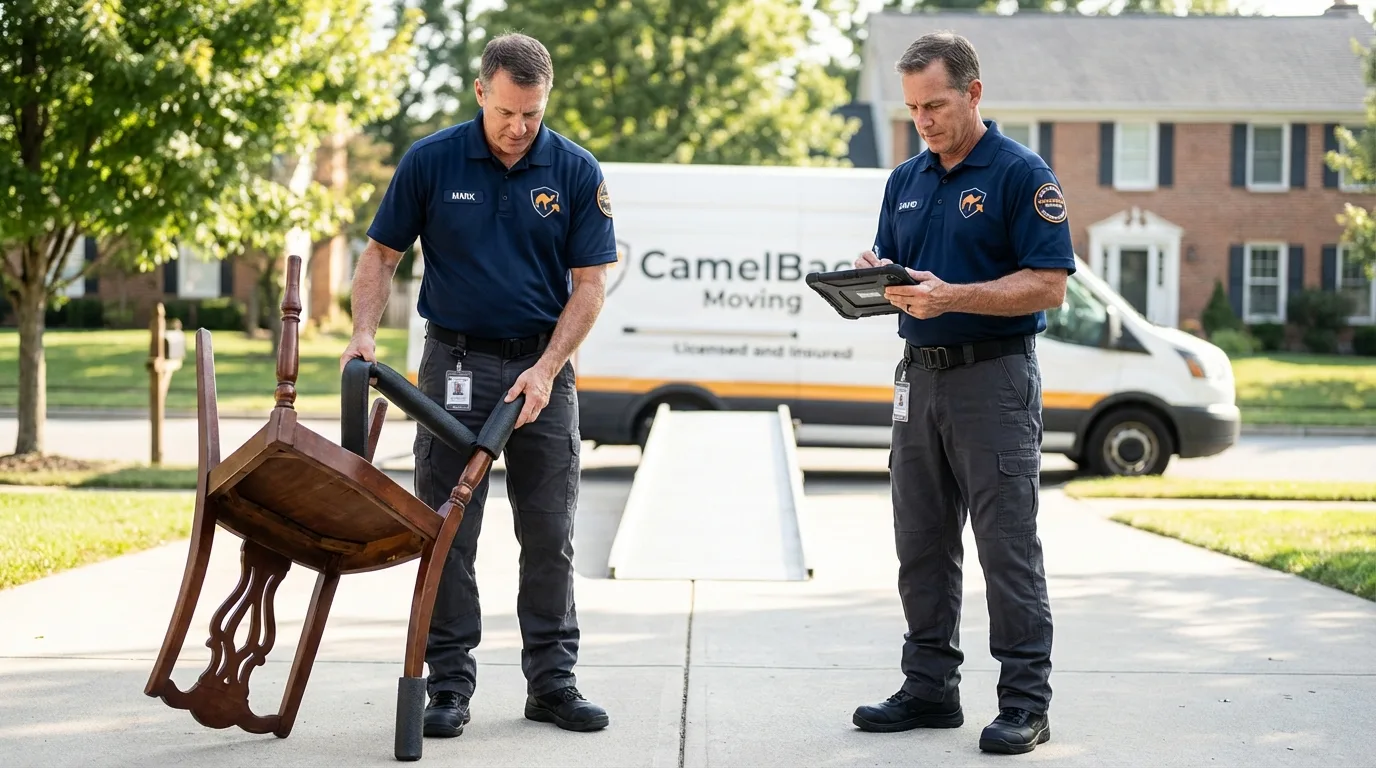 Movers inspecting furniture for damage prevention before loading in Orangeville, UT