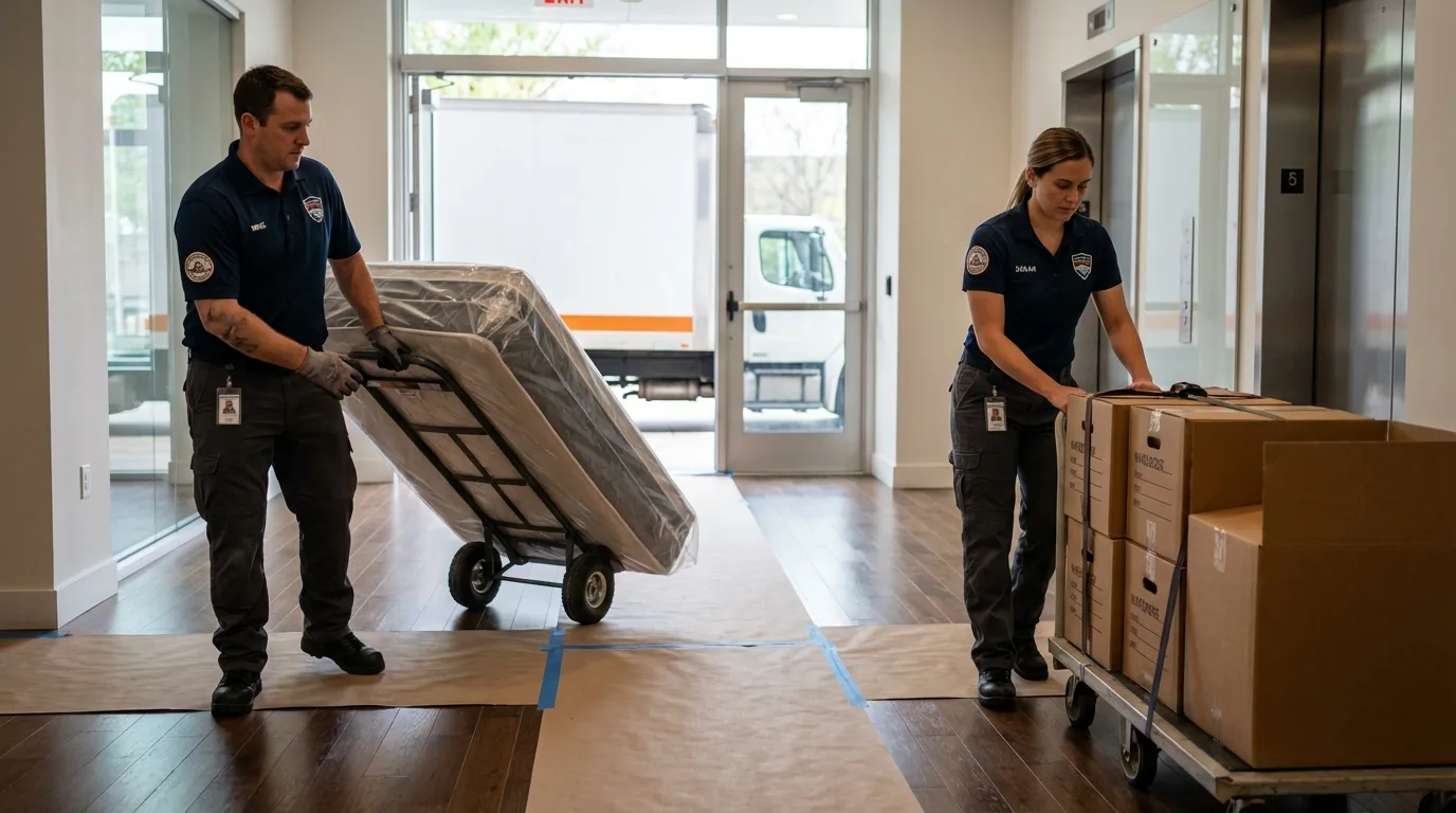 Professional apartment movers loading elevator in Orangeville, UT